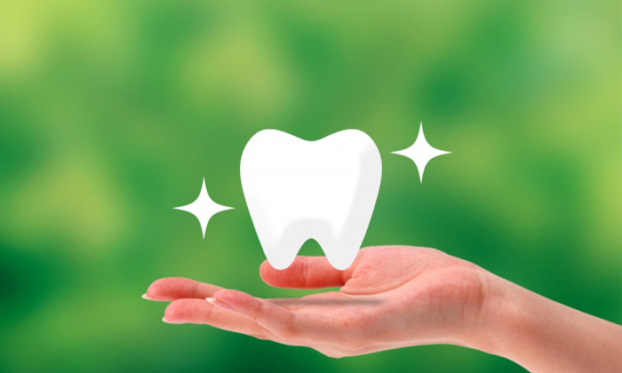 真っ白で綺麗な歯のイメージを手に載せている画像