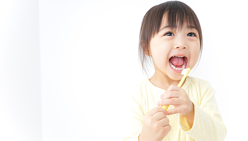 歯ブラシを嬉しそうに加えようとする女の子の写真